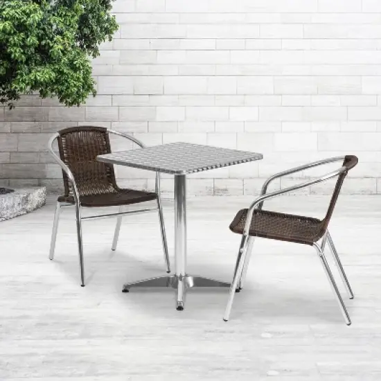 Emma and Oliver 23.5" Square Aluminum Garden Patio Table Set with 2 Rattan Chairs image {1}