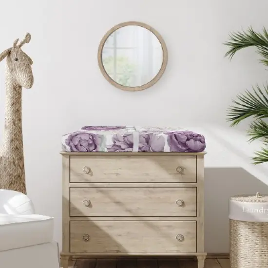 Sweet Jojo Designs Girl Changing Pad Sheet Peony Floral Garden Lavender Purple and Ivory image {1}