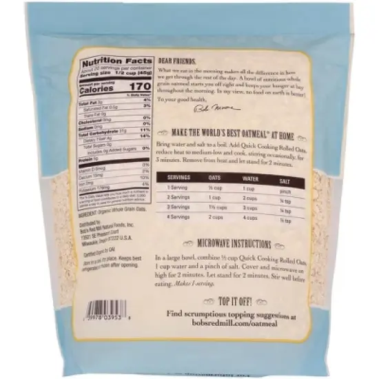 Bob's Red Mill Organic Quick Cooking Rolled Oats Whole Grain - Case of 4/32 oz image {2}