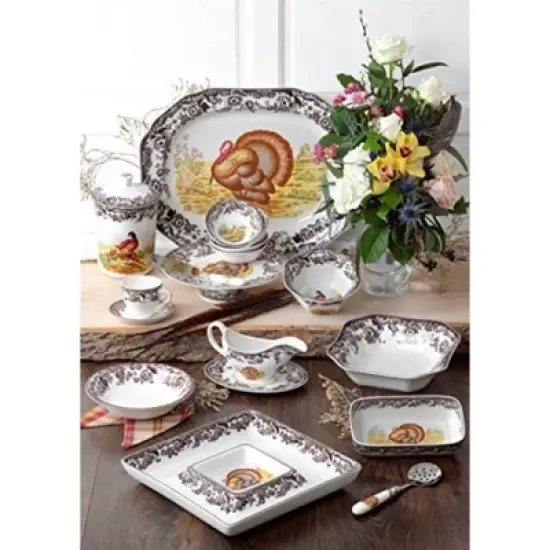 Spode Woodland Turkey Round Platter - 12" Fine Porcelain Serving Tray with British Flowers Border, Rustic Thanksgiving Design - Made in England image {2}