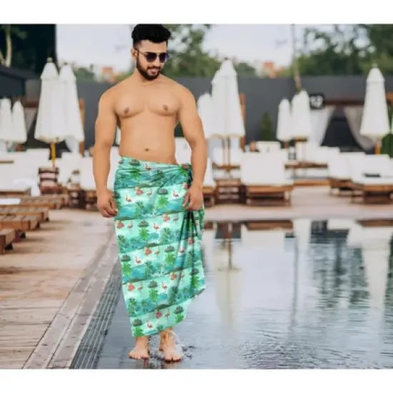 HAPPY BAY Men's Holiday Pareo Standard Swimsuits Elegant Vacation Summer Sarong Swimwear Long Swim Beach Wrap for Men One Size Blue, flamingo image {3}