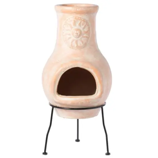 Vintiquewise Beige Outdoor Clay Chimney Outdoor Fireplace Sun Design Charcoal Burning Fire Pit with Sturdy Metal Stand, Barbecue,  Family Gathering image {2}