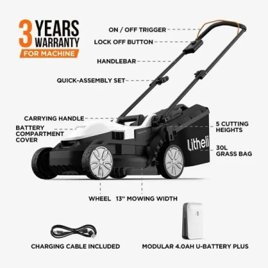Litheli 20V 2 Amp U20 Cordless Brushless Battery Powered Walk-Behind Lawn Mower: Rechargeable, No Assembly, 13" Cut image {1}