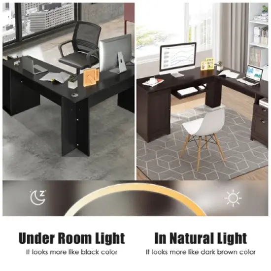 Costway L-Shaped Corner Computer Desk Writing Table Study Workstation w/ Drawers Storage Black image {9}