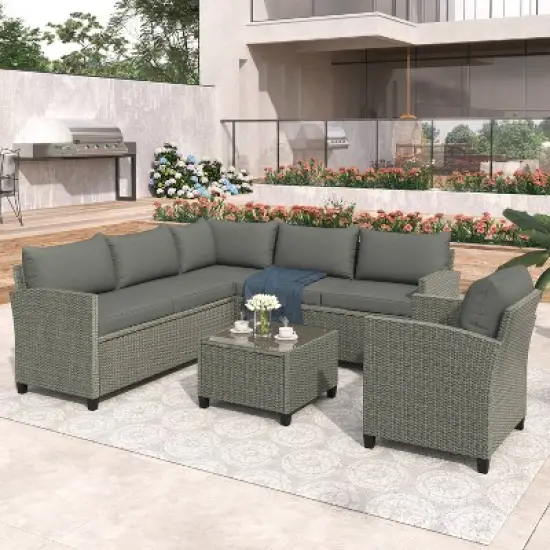 5pc Outdoor Wicker Conversation Set with Loveseats, Sofa, Arm Chair & Coffee Table - Gray - GODEER image {1}