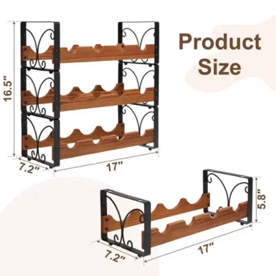 Itopfox 3-Tier Stackable Wine Rack for Cabinet, Solid Wood & Wrought Iron Wine Bottle Holder, Kitchen Bar Dining Room Storage Shelf image {8}