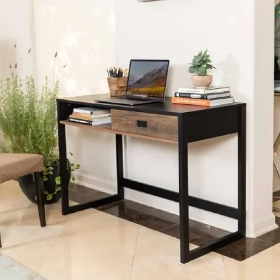 Oslo Contemporary Studio Workstation Desk with Drawer Black/Brown - Danya B. image {3}