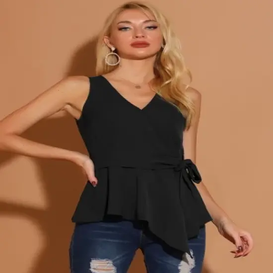 Allegra K Women's Summer Sleeveless V Neckline Wrap Tie Waist Tops image {2}