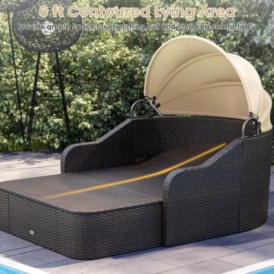 Costway Patio PE Rattan Daybed with Retractable Canopy Soft Cushions and Extra Pillows image {9}