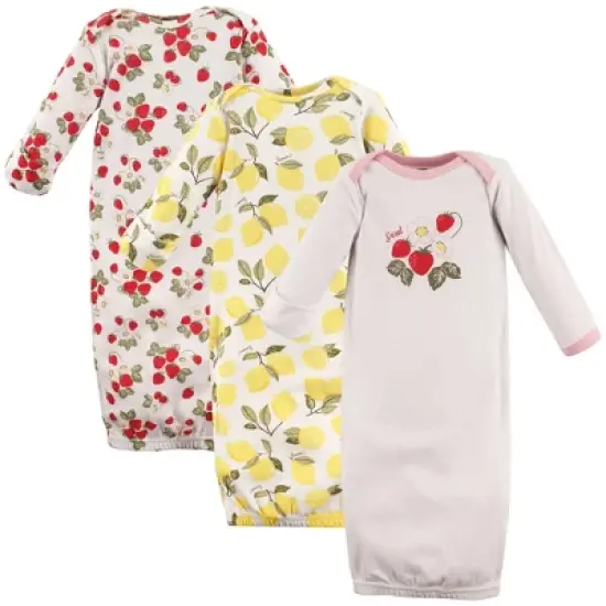 Hudson Baby Infant Girl Cotton Long-Sleeve Gowns 3pk, Strawberry Lemon, 0-6 Months image {1}