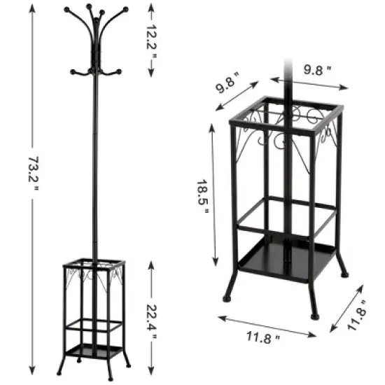 Yaheetech Metal Standing Coat Hat Rack w/Umbrella Holder, Black image {2}