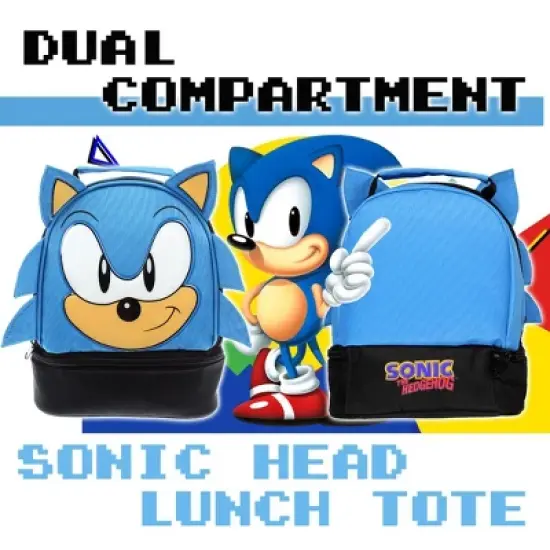 Sega Sonic the Hedgehog Lunch Bag Big Face Dual Compartment Lunch Box Kit Blue image {3}