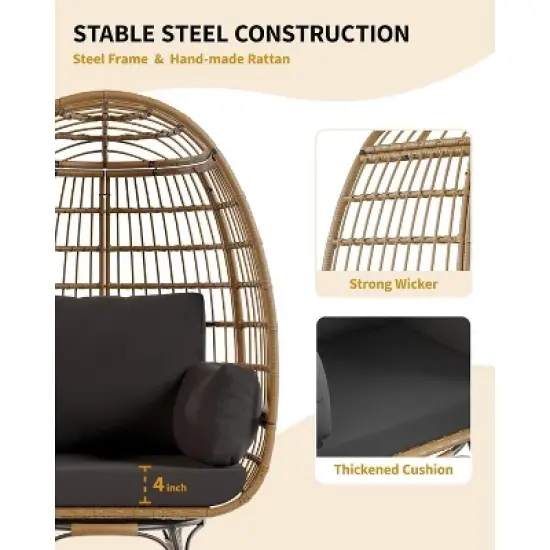 360&deg; Swivel Patio Egg Chair Outdoor - Wicker Swivel Egg Chair Oversized Patio Lounge Chairs with Cushions, Metal Frame Stand, Black image {2}