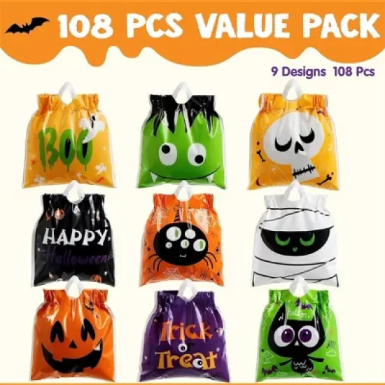 Joyfy 108 PCS Mini Halloween Drawstring Candy Bag, Party Favors Supplies, Goodie Trick or Treat Bag with 9 Character Designs for kids Classroom Gifts image {1}