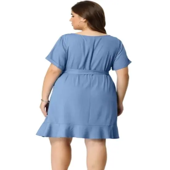 Agnes Orinda Women's Plus Size Belt Waist Ruffle Hem Chambray Shirt Dress image {4}