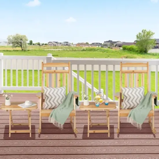 Costway 4PCS Patio Wooden Rocking Chair Bistro Set High Backrest with Folding Side Table image {1}