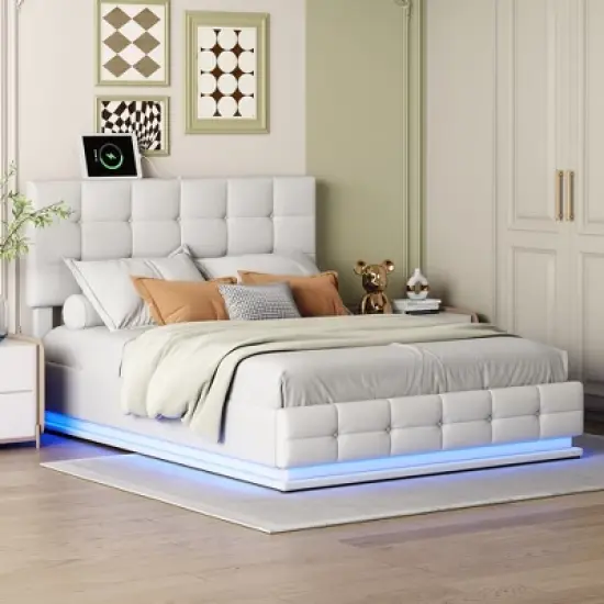 Queen Size PU Tufted Upholstered Platform Bed with Hydraulic Storage System, LED Lights and USB charger-ModernLuxe image {2}