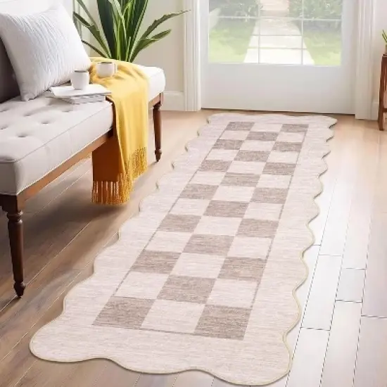 Checkered Rug Washable Rug for Living Room Non Slip Indoor Scalloped Printed Carpet Low Pile Neutral Rugs Soft Floor Cover for Bedroom Nursery image {1}