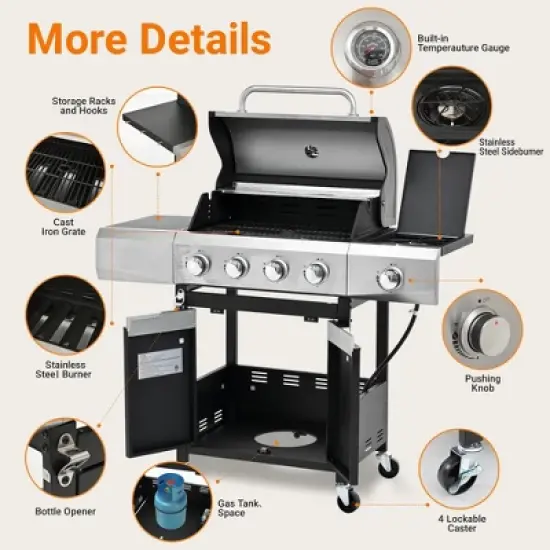 4-Burner Propane Gas Grill in Stainless Steel with Side Burner, Condiment Rack and Built-in Thermometer with Grill Cover image {3}