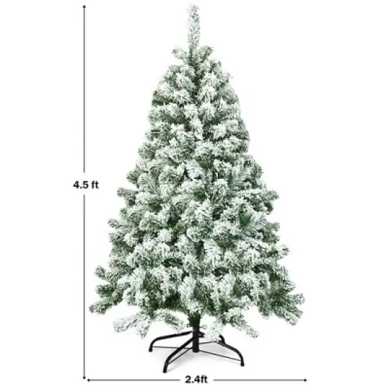 Costway 4.5FT Artificial Hinged Christmas Tree Snow Flocked Pine Tree  w/400 Tips and Foldable Base image {2}