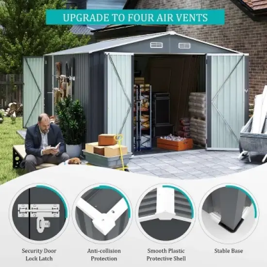 9&times;11 FT Metal Storage Shed with 3 Lockable Doors and 4 Vents, Outdoor Utility Garden Tool Shed, Steel Waterproof Backyard Storage Shed-Coolbibila image {5}