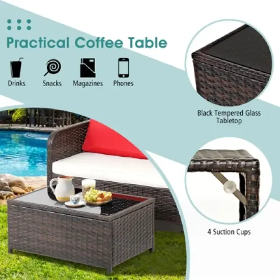 Tangkula 2PCS Patio Rattan Furniture Set Loveseat w/Coffee Table for Garden Porch Backyard Brown image {5}