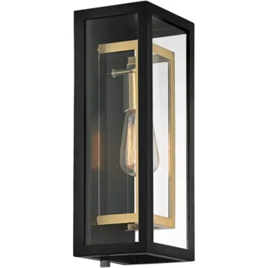 Possini Euro Design Double Box Industrial Outdoor Wall Light Fixture Matte Black Warm Brass 15 1/2" Clear Glass Post Exterior Barn Deck House Porch image {4}