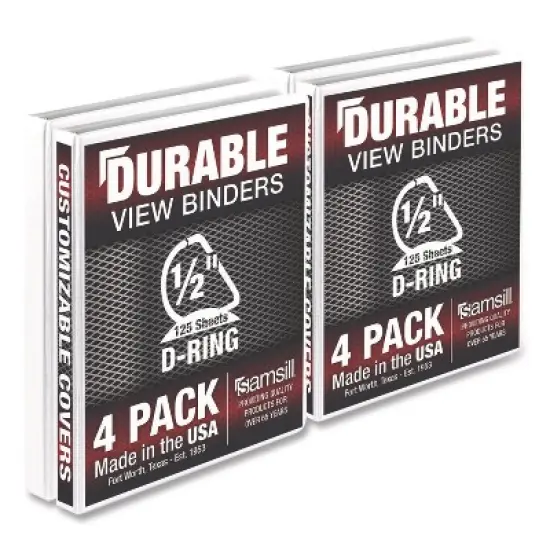 Samsill Durable D-Ring View Binders, 3 Rings, 0.5" Capacity, 11.5" x 8.5", White, 4/Pack image {1}