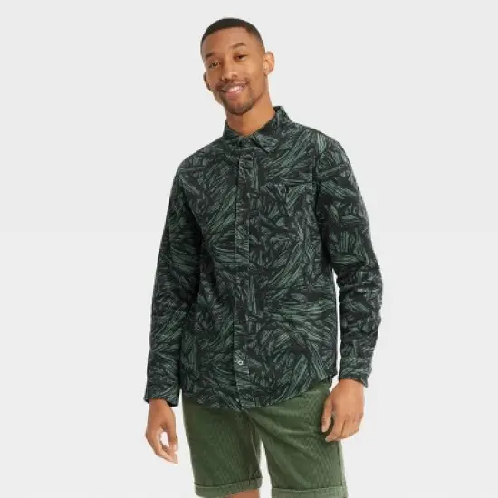 Houston White Adult Leaf Print Woven Cord Button-Down Shirt - Green image {3}