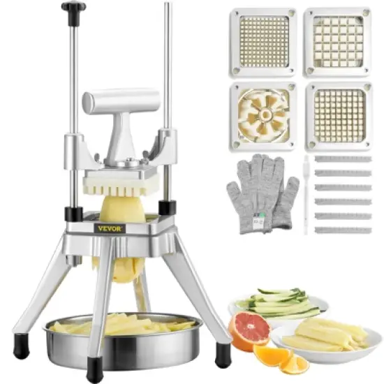 VEVOR Commercial Vegetable Fruit Chopper, Stainless Steel French Fry Cutter with 4 Blades 1/4" 3/8" 1/2", 6-wedge Slicer, Chopper Dicer with Tray image {8}