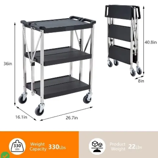 Foldable 3 Tier Stainless Steel Trolley Cart - Foldable Utility Serving Storage Rolling Car Shelf w/ Wheels image {5}