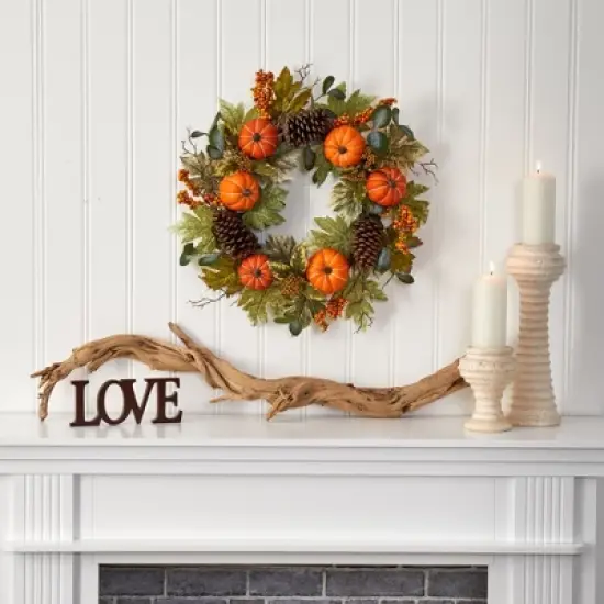 Nearly Natural 24&rdquo; Pumpkins, Pine Cones and Berries Fall Artificial Wreath image {2}