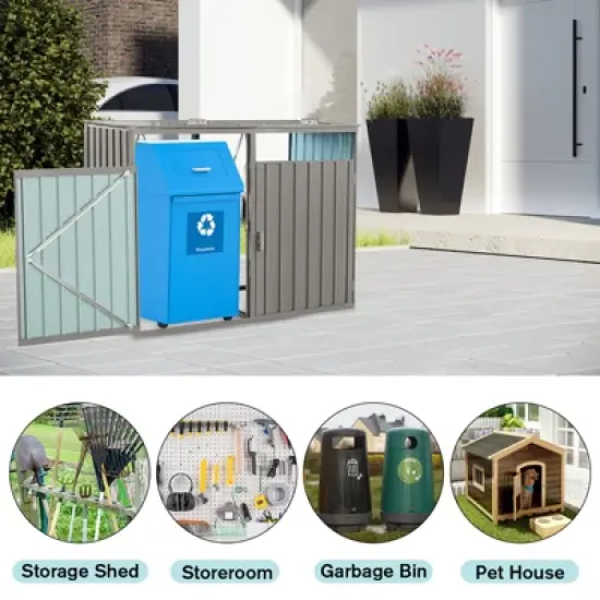 Gulches Garbage Bin Shed Stores 2 Trash Cans Metal Outdoor Bin Shed for Garbage Storage,Stainless Galvanized Steel, Bin Shed for Garden Yard Lawn,Grey image {1}