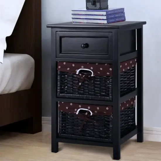 Costway Black Night Stand 3 Tiers 1 Drawer Bedside End Table Organizer Wood W/2 Baskets image {5}