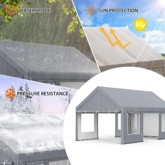 Carport, Portable Garage - 13x20 ft Heavy Duty Galvanized Steel Canopy with All-Season Cover, 4 Roll-Up Doors & Windows (Grey) image {3}