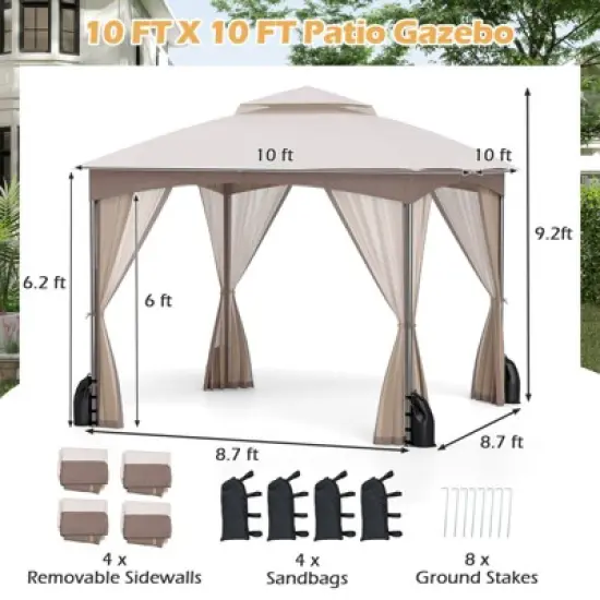 Costway 10 X 10/12 FT Patio Gazebo with Netting Walls 4 Sandbags Zippered Doors Outdoor Gray/Beige image {2}