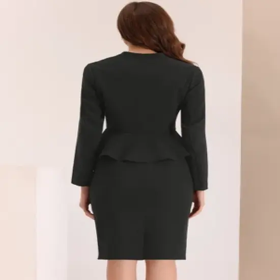 Allegra K Business 2 Piece Suit Set for Women's Long Sleeve Collarless Peplum Blazer Pencil Skirts image {2}
