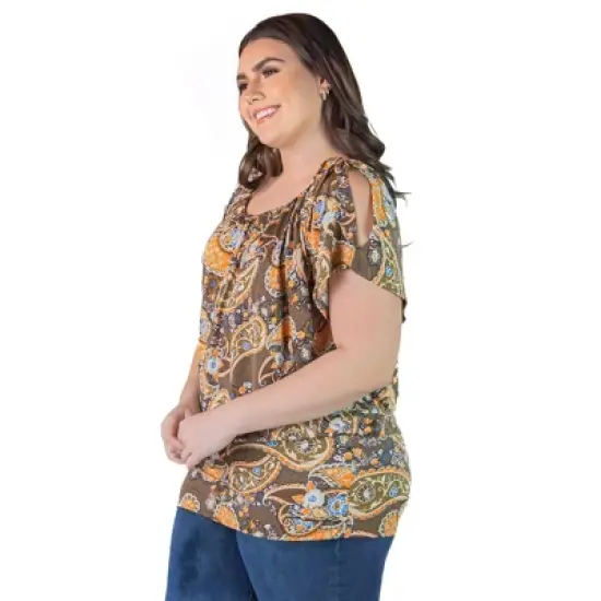 Women's Plus Size Brown Paisley Top with Short Sleeves and Slit Shoulders image {1}