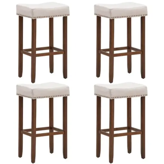 Costway Set of 4 Nailhead Saddle Bar Stools 29'' Height w/ Fabric Seat & Wood Legs Gray/Beige image {10}