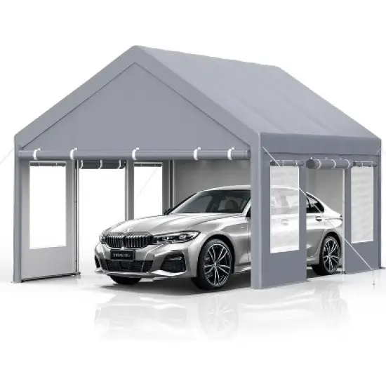 Carport, Portable Garage - 13x20 ft Heavy Duty Galvanized Steel Canopy with All-Season Cover, 4 Roll-Up Doors & Windows (Grey) image {8}
