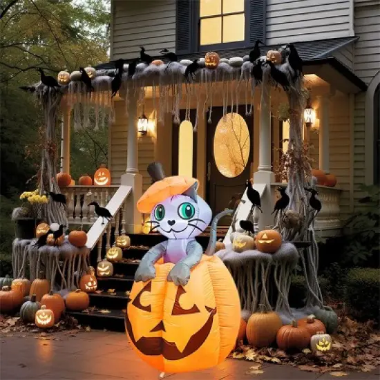 Joyfy 5 FT Tall Halloween Inflatable Outdoor Decorations, Animated Kitty Cat On Pumpkin Inflatable for Halloween Party Indoor Outdoor Yard Lawn Decor image {10}