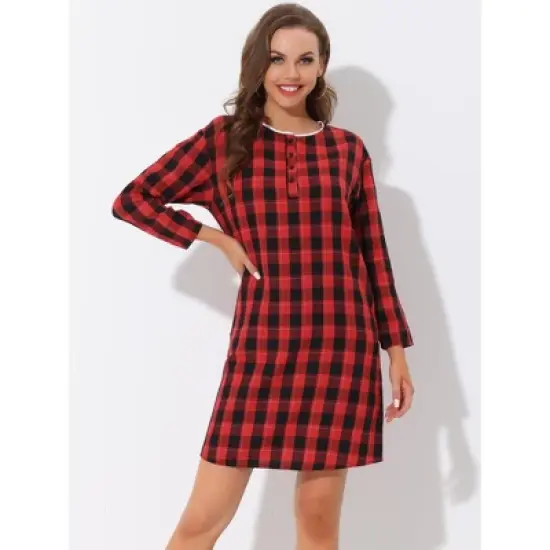 cheibear Womens Nightgown Sleepshirt with Pockets Lounge Sleepwear Plaid Pajama Dress image {1}