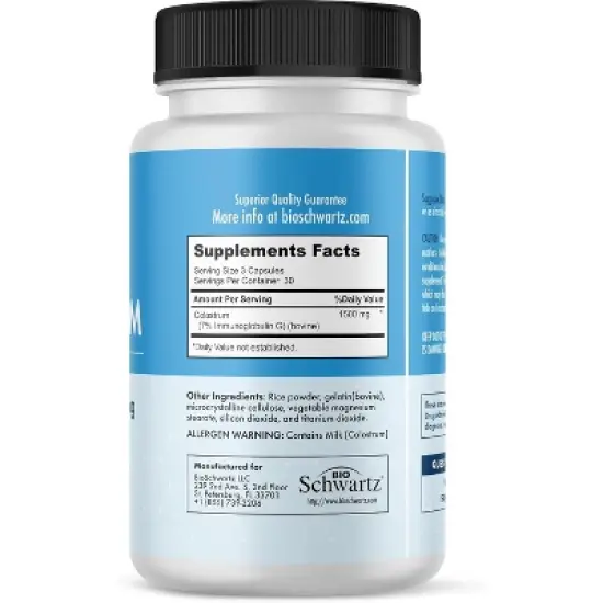 Bovine Colostrum Supplement, Grass Fed Colostrum Capsules from Bovine First Milking,  Supports Gut Health & Immunity, Bioschwartz, 90ct image {5}