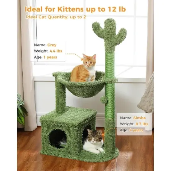 QuestaPack Cactus Cat Tree 40" Cat Tower with Large Metal Carpet Hammock image {3}
