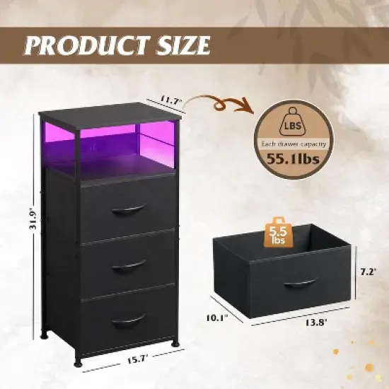 GALAXHERO Nightstand Set of 2 with Charging Station, LED Night Stand with 3 Fabric Drawers and Storage Shelf, Bedside Table 31.93" Tall image {1}