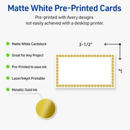 Avery&reg; Cards, 2" x 3.5", Gold Beads, Matte White, 80ct image {1}