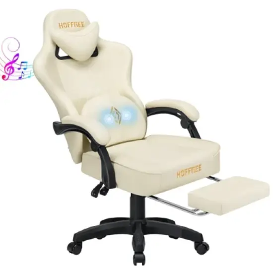 Hoffree Leather Massage Gaming Chair Ergonomic Office PC Chair with Bluetooth Speaker & Footrest image {15}