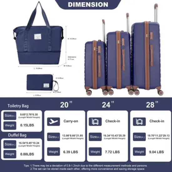 NAYSAYE Luggage 5 Piece Set with Travel Bag and Toiletry Bag TSA Lock Spinner Wheels for Travel, Blue, 18.7"*11.22"*29.13" image {4}