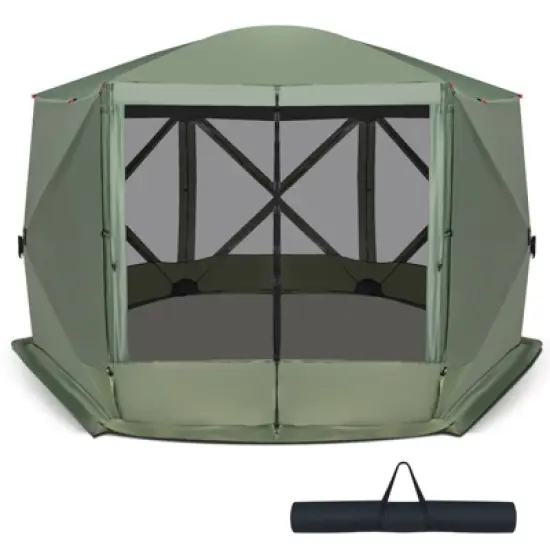 Costway 11.5 X 11.5 FT 6-Sided Pop-up Screen House Tent With 2 Wind Panels for Camping Coffee/Green image {11}