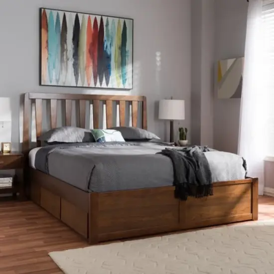 Queen Raurey Modern and Contemporary Walnut Finished Storage Platform Bed Brown - Baxton Studio image {8}